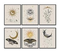 Impression sur toile abstraite Couleurs dorées bohème Alchimie mystique Croissant soleil étoiles papillon floral occultisme Décoration murale (27,9 x 35,6 cm, sans cadre)