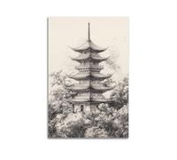 Impression sur toile abstraite minimaliste - Impression sur toile de paysage de la pagode japonaise, noir complexe - et blanc - Affiches d'œuvres d'art pour décoration d'intérieur (40 x 60 cm)