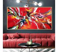 Impression sur toile abstraite rouge pop art extra large pour salon, décoration d'intérieur, 65 x 130 cm, avec cadre doré, prête à être accrochée
