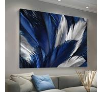 Impression sur toile - Affiche - Plumes bleues et argentées - Leur texture - Décoration murale sur toile pour la maison, le bureau, la salle de bain, le salon (70 x 100 cm (28 x 39 po) / Sans cadre)