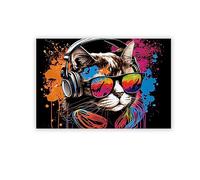 Impression sur Toile Animal Tableaux-imprimés et affiches d'animaux-Graffiti Peinture sur Toile-avec un casque chat Toile Images sur Toile Couleur Animaux Décoration90x135cm 35"x53"toile seulement