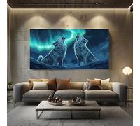 Impression sur Toile Animaux Sauvages Loup Cadre Decoration Murale pour Salon et Chambre Paysage Naturel Aurore Boréale Grand Tableau Mural Fantastique Neige 70x140cm Peintures pour Décorations
