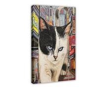 Impression sur toile aquarelle de chats noirs et blancs dans les rues de la ville - Décoration murale pour salon, chambre à coucher - 30 x 45 cm