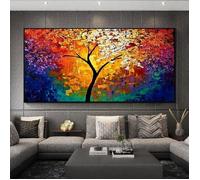 Impression sur toile Arbre de vie coloré rouge et bleu Arbre de vie moderne Tableau Salon Mural 50x100cm Cadre en bois DIY