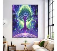 Impression Sur Toile Art Mural Vert-Violet Arbre Du Cercle Radieux Peinture Tableau Artwork Univers Des Rêves Décoration D'Intérieur Bar Salle De Bain Toilette Décoration,Sans Cadre 70X100Cm