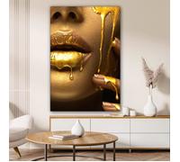 Impression sur Toile Avec Bois cadre 40x60 cm Decoratifs Muraux Chambre Tableau Salon Femme - Or - Lèvres - Portrait