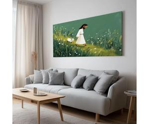 Impression sur Toile avec Cadre Prairie Berger Petit Mouton, Tableau Mural Peinture d'Art - Affiche Moderne Salon Chambre Décoration Murale Design 70 x 50 cm