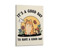 Impression sur toile avec citation « Good Day » - Motif chat - Décoration pour chambre à coucher, salon - 60 x 90 cm