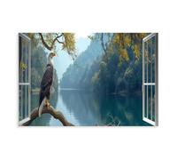Impression sur toile avec fenêtre avec vue sur le lac, aigle américain à chauve, oiseau et animal, décoration murale pour salon, chambre à coucher, 40 x 60 cm