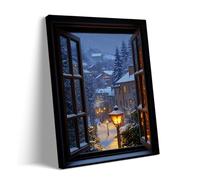 Impression sur toile avec fenêtre d'hiver confortable - Paysage nocturne enneigée - Poster de décoration d'intérieur nordique pour salon ou chambre à coucher - Cadre 20 x 25 cm