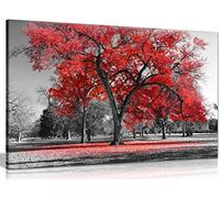 Impression sur toile avec grand arbre et feuilles rouges - Noir et blanc - 60,9 cm x 40,6 cm