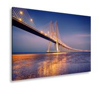Impression sur toile avec lueur dorée au-dessus du pont dans la mer calme du soir Format : 120 x 80 cm XXL Impression d'art sur châssis Décoration murale pour salon