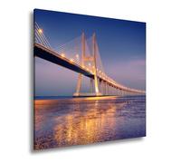 Impression sur toile avec lueur dorée au-dessus du pont dans la mer calme du soir Format : 70 x 70 cm XXL Impression d'art sur châssis Décoration murale pour salon