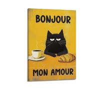 Impression sur toile avec motif chat noir, bonjour mon amour, café français, décoration vintage et esthétique pour salon - 40 x 60 cm