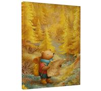 Impression sur toile avec ours d'automne et animaux de la forêt jaune et marron, décoration naturelle mignonne pour salon, chambre à coucher, chambre d'enfant, art encadré 20,3 x 30,5 cm