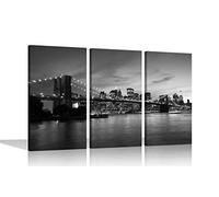 Impression sur toile avec pont de New York en noir et blanc - 3 panneaux - 50 x 25 cm x 3