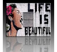 Impression sur toile « Banksy » Graffiti - Image « Life is beautiful ! » (différentes tailles) Image prête à l'emploi sur châssis Décoration murale 80 x 120 cm