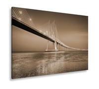 Impression sur toile brillante dorée au-dessus du pont avec une mer calme du soir Format : 80 x 60 cm Effet : sépia XXL Impression d'art sur châssis Décoration de salon