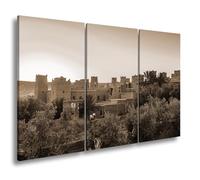 Impression sur toile Casbah rouge argile dans la lumière dorée du soleil couchant Format : 120 x 80 cm (3 pièces) Effet : sépia XXL Impression d'art sur châssis Décoration de salon