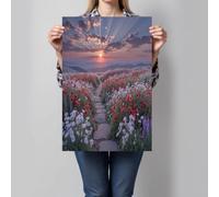 Impression Sur Toile Champs De Coquelicots Poster Mural et Impression d'art Coucher De Soleil Sur Une Mer De Fleurs Décoration Murale pour Maison, Chambre à Coucher - 70x100cm Sans cadre, Gris-Bleu