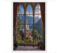 Impression sur Toile Châteaux Et Montagnes Image Peinture Tableaux de la Mur Vue Par Fenêtre Européenne Affiche Sans Cadre Décoration Murale pour Salon, Chambre, Salle de Bain, 70x100cm, Brun