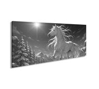 Impression sur toile Cheval blanc dans un massif de montagne enneigé Noir et blanc 120 x 60 cm