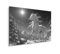 Impression sur toile Cheval blanc dans un massif de montagne enneigé Noir et blanc 120 x 80 cm