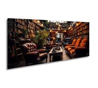 Impression sur toile - Coin de lecture confortable dans la lumière chaude d'une ancienne bibliothèque - Panorama - 120 x 60 cm - XXL - Impression d'art sur châssis - Décoration de salon
