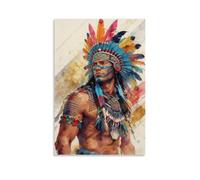 Impression sur toile colorée Native Warrior - Décoration murale indienne américaine - Décoration murale pour chambre à coucher, bureau, salon - 50 x 75 cm