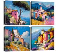 Impression sur Toile Côtière Abstraite Paysage Murale Naturel Tableau Poster Décoration Abstrait Méditerranéenne Fleur Tableaux Art Décoratif Muraux Décoration pour le Salon Cuisine 30x30cm 4 Pcs