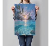 Impression sur Toile Coucher Soleil Sur Palm Tree Beach Peinture Tableaux de Mur Plage Tropicale Tableaux Art Muraux Décoration pour Salon Chambre Salle de Bain, 80x120cm, Vert Clair - Sans Cadre