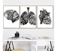 Impression sur toile - Cœur humain - Anatomie médicale - Noir et blanc - Images d'arbres, poumons, cabinet médical, décoration murale, sans cadre (3 x 60 x 80 cm)