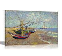 Impression sur toile de bateau de pêche sur la plage à Saintes-Maries par Vincent Van Gogh | Œuvre d'art moderne encadrée | Images à suspendre pour salon 60 x 40 cm A2