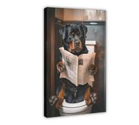 Impression sur toile de bouledogue français sur une salle de bain et lecture de journal - Décoration murale pour salon, chambre à coucher - 20 x 30 cm
