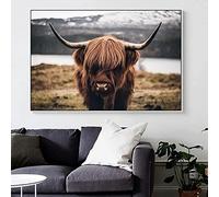 Impression sur toile de bœuf des hautes terres - Motif vache nordique des Highland du Nordique - Vache écossaise - Moderne - Décoration de salon - Sans cadre (50 x 75 cm, vache 1)