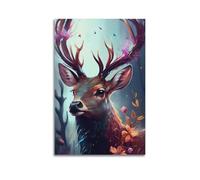 Impression sur toile de cerf fantaisie avec bois de cerf mystique et fleurs de cerf - 50 x 75 cm