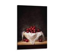 Impression sur toile de cerises dans un bol avec dentelle - Poster rétro - Motif fruits - Décoration classique pour salon, chambre à coucher, étude, affiche murale et art Pictu