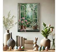 Impression sur toile de fenêtre de jardin printanier, pêche verte, scène naturelle, décoration d'intérieur pour salon, chambre à coucher, cuisine, décoration d'intérieur 30,5 x 40,6 cm