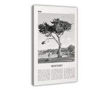 Impression sur toile de Monterey - Paysage rétro - Motif carte de ville - États-Unis - Amérique du Nord - Noir et blanc - 30 x 45 cm