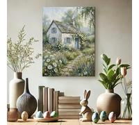 Impression sur toile de paysage de chalet printanier, vert et blanc, décoration d'intérieur rustique pour salon, chambre à coucher, cuisine, 30,5 x 40,6 cm