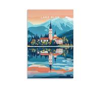 Impression sur toile de paysage urbain minimaliste sur le lac de Bled Slovénie - 30 x 45 cm