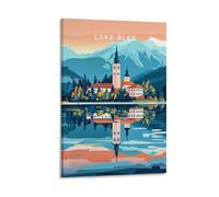Impression sur toile de paysage urbain minimaliste sur le lac de Bled Slovénie - 40 x 60 cm