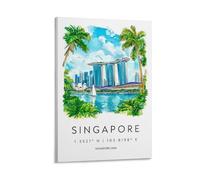 Impression sur toile de peintures à l'aquarelle de Singapour : salon, chambre à coucher, salle de bain, bureau - 30 x 45 cm