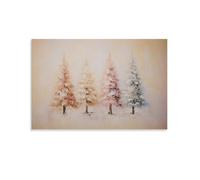 Impression sur toile de peintures à thème arbres de Noël primitifs roses, paysage de campagne, lodge d'hiver - 30 x 45 cm