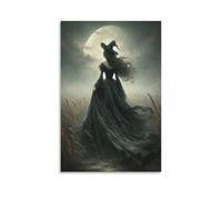 Impression sur toile de peintures à thème sorcière marchant dans un champ, robe noire fluide, silhouette fantastique d'Halloween - Affiche d'œuvre d'art pour décoration d'intérieur : salon, chambre à