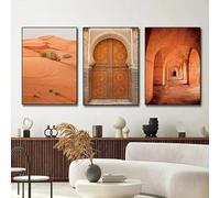 Impression sur toile de porte marocaine, art mural, architecture de Marrakech, affiche bohème, art mural en terre cuite, décoration d'intérieur (60 x 80 cm, 3 pièces sans cadre)