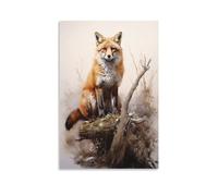 Impression sur toile de renard rustique encadrée - Aquarelle - Bois sauvage - Prêt à accrocher