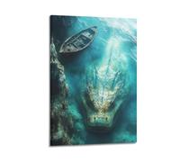Impression sur toile de style fantastique avec petit bateau et dragon des mers profondes - Décoration murale moderne pour chambre à coucher - 50 x 75 cm
