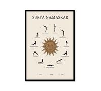 Impression sur toile de yoga - Poses de yoga - Soleil et lune - Salutation - Affirmations du chakra zen - Décoration murale spirituelle (SKU2, 30 x 45 cm), cadre en métal noir)