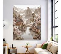 Impression Sur Toile, Déco Murale Pour Salon Et La Chambre, Bord Rivière Fleurs Pêcher 40x50cm Tableau Mural Brun foncé, Peintures Sur Toile Sans Cadre, Architecture Traditionnelle Tableau Peinture